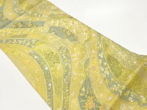 変わりよろけ縞に鶴・草花模様織出し袋帯